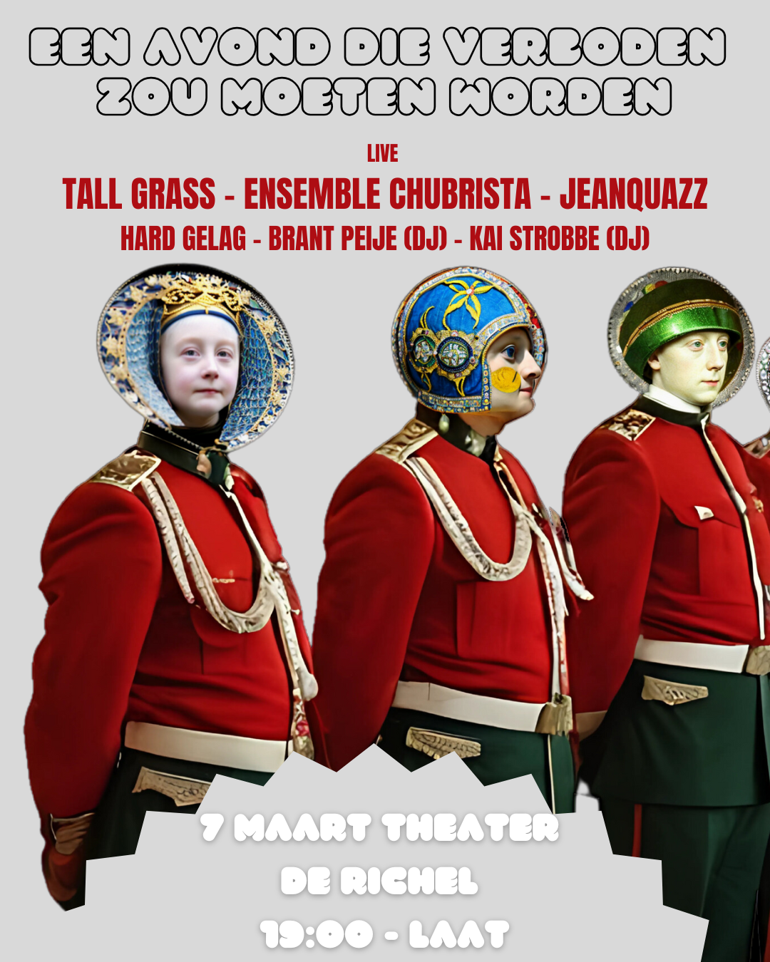 Poster voor Een Avond Die Verboden Zou Moeten Worden met bandleden in kostuums
